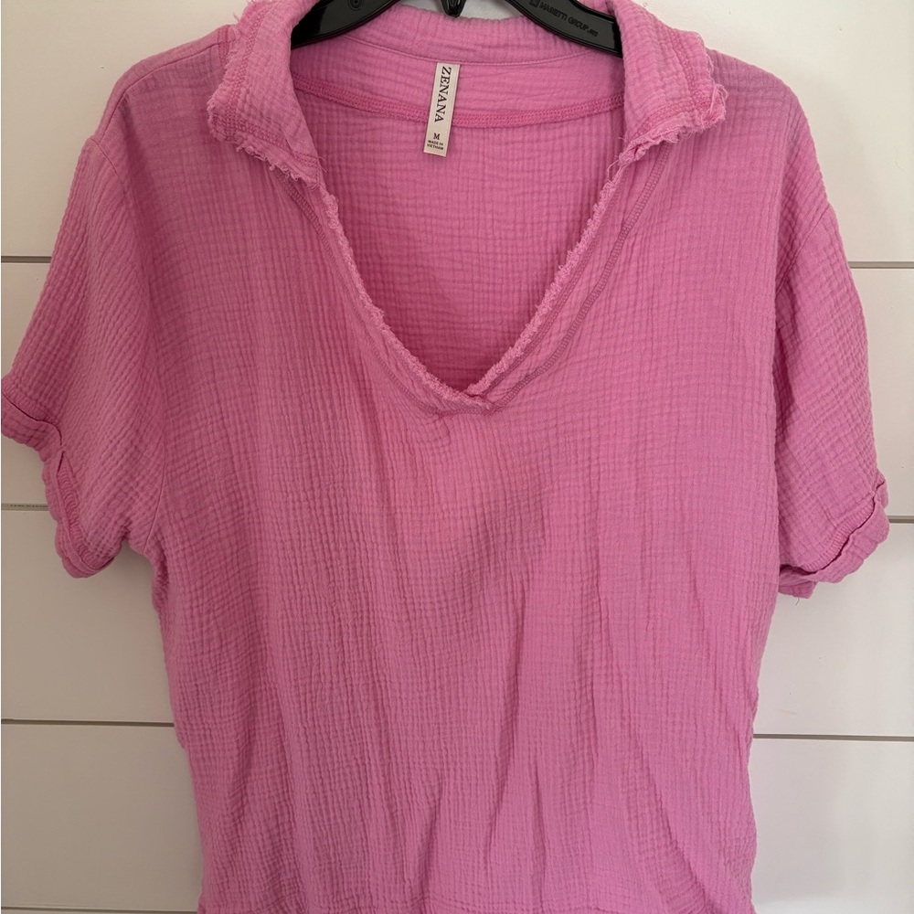Zenvana Pink Gauze V-Neck Women's Top size medium